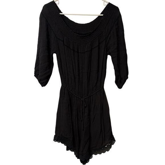 Abercrombie & Fitch Women's Medium Romper Black Smocked‎ Neckline Lace Y2K Swim - Picture 1 of 8